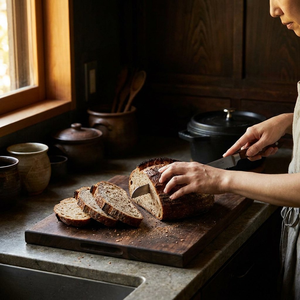 A hand slicing a crusty loaf of bread with clean even slices