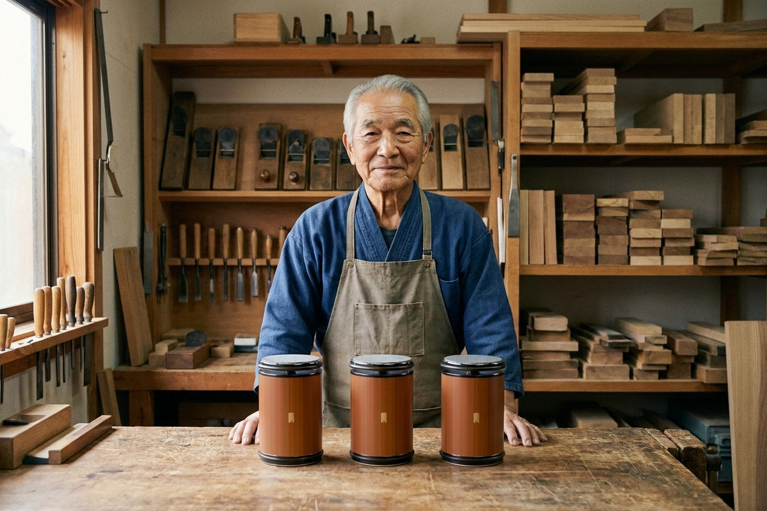 Masao at his workbench with three finished rollers