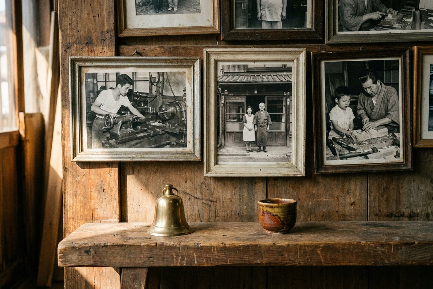 The workshop wall. His father at the lathe, his parents in front of the shop, and the boy who watched.