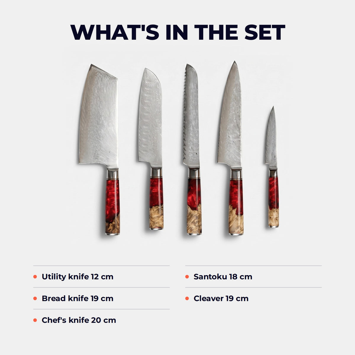 Hatori Kurenai 紅 Series – Damascus 5 Piece Set, what is in the set
