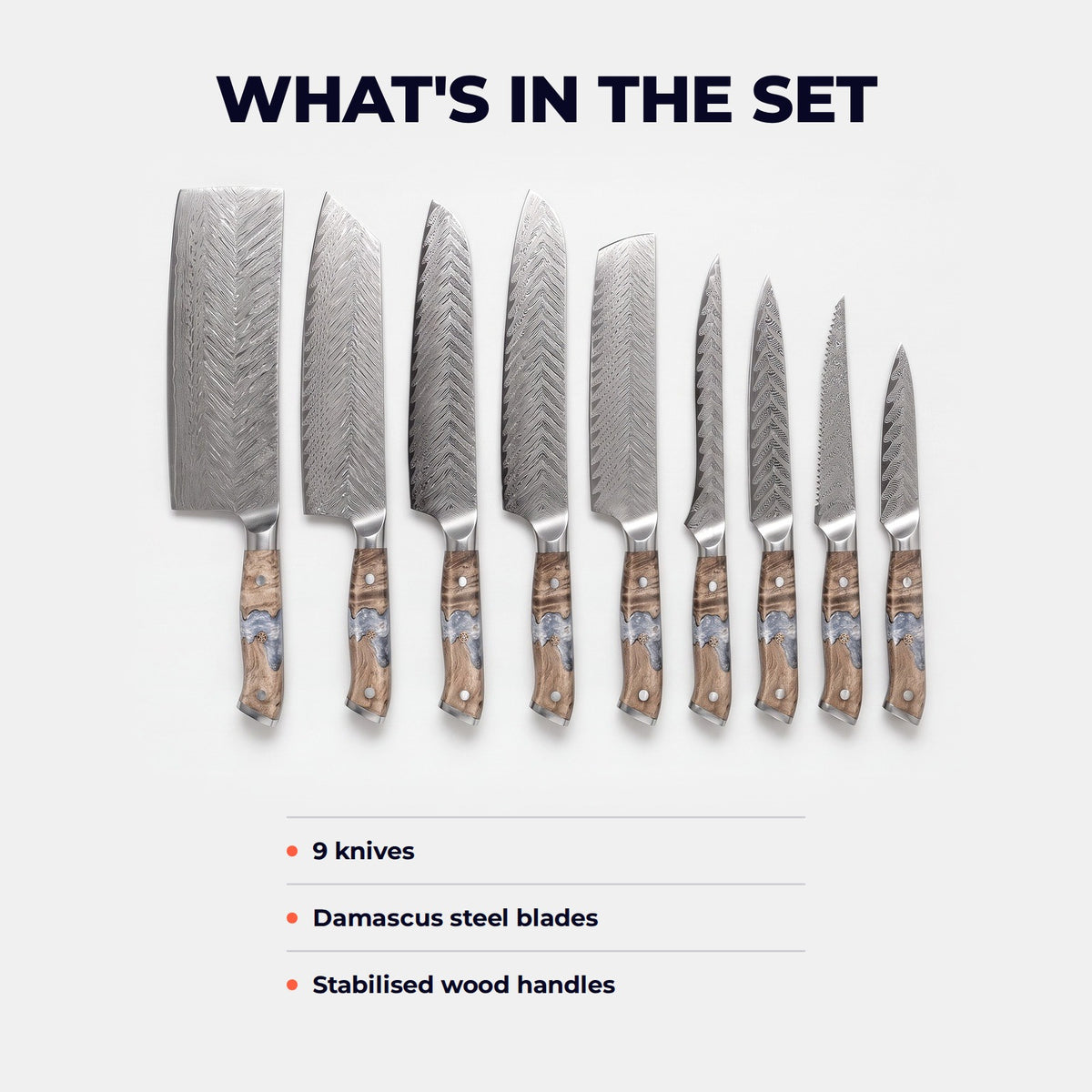 Hatori Yabane 矢羽 Series – Damascus 9 Piece Set, what is in the set