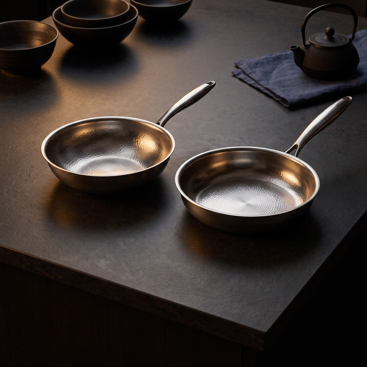 Hatori Kōmyō 光明 Series – Wok and Fry Pan Set with Utensils, on the counter