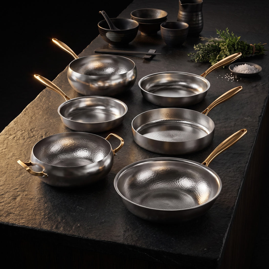 Hatori Kōmyō 光明 Kin 金 Edition – Complete Kitchen Set, 6 Pieces with 3 Lids, on the counter
