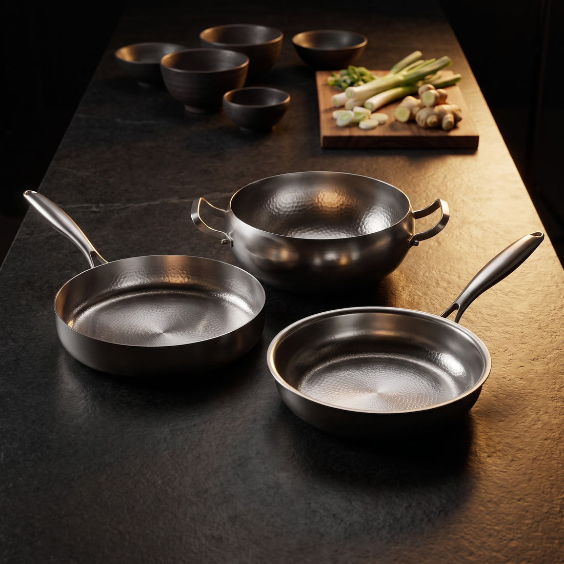 Hatori Kōmyō 光明 Series – Premium Cooking Set, 3 Pieces with 2 Lids, on the counter