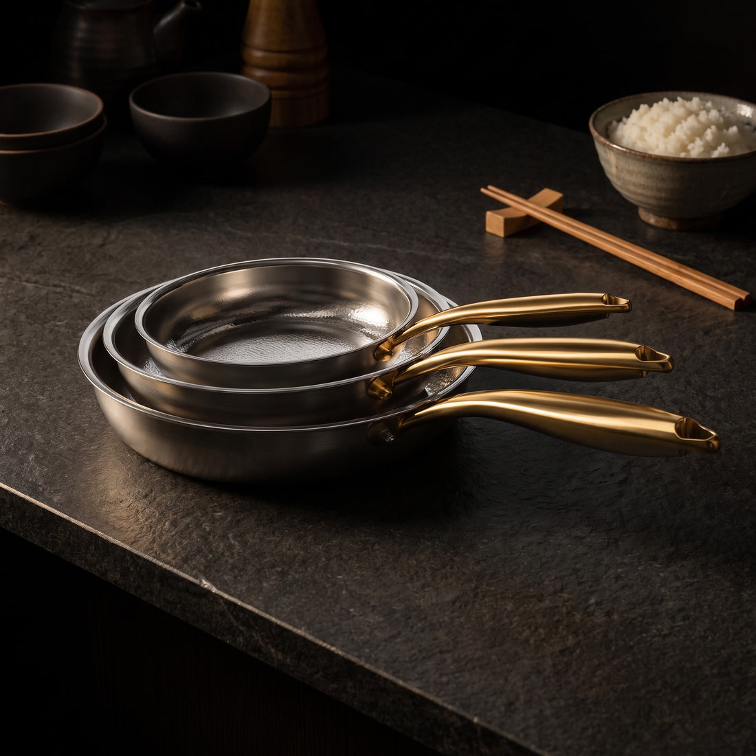 Hatori Kōmyō 光明 Kin 金 Edition – 3-Pan Set, on the counter