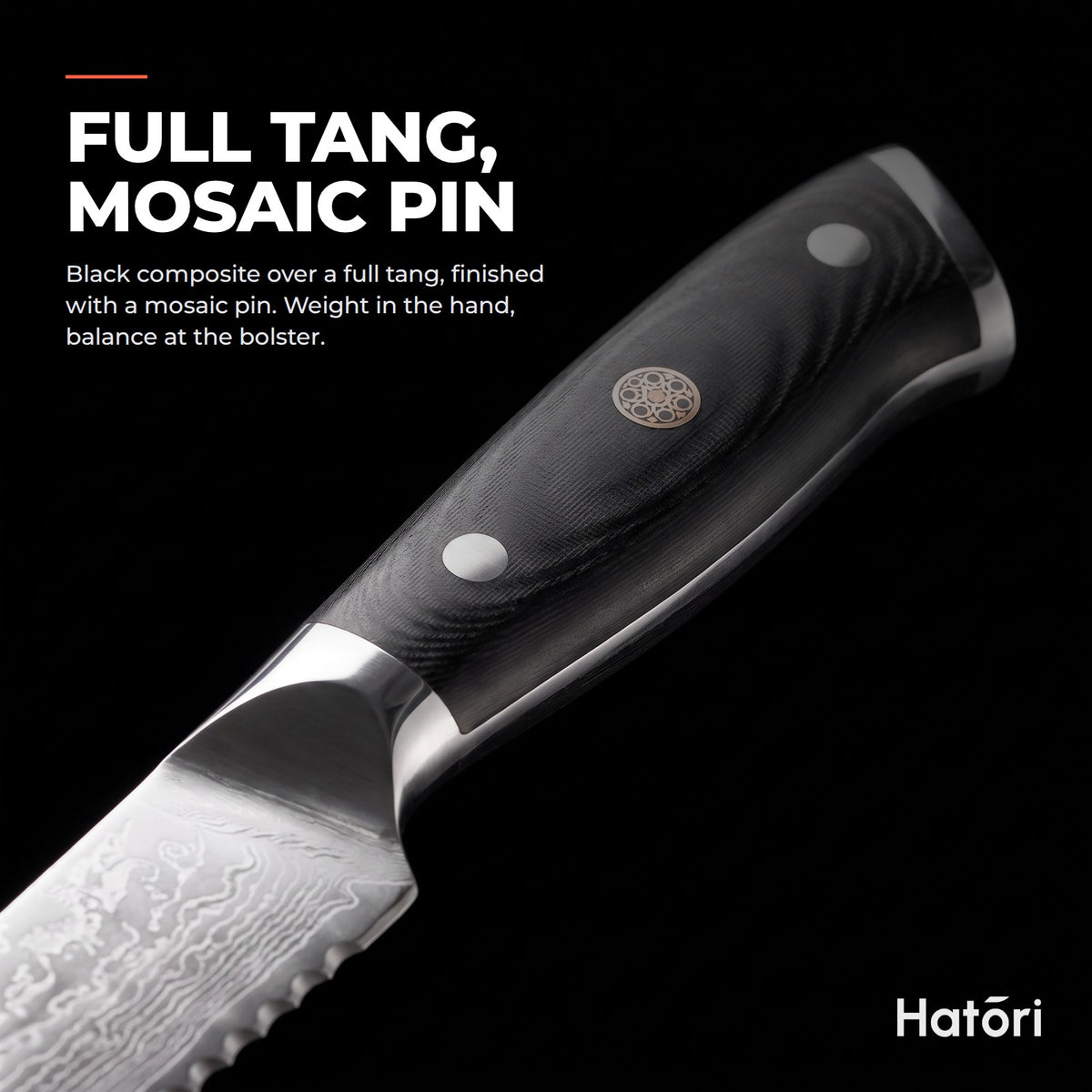 Hatori Kokuyō 黒曜 Series – Damascus Bread Knife 19.5 cm, the handle