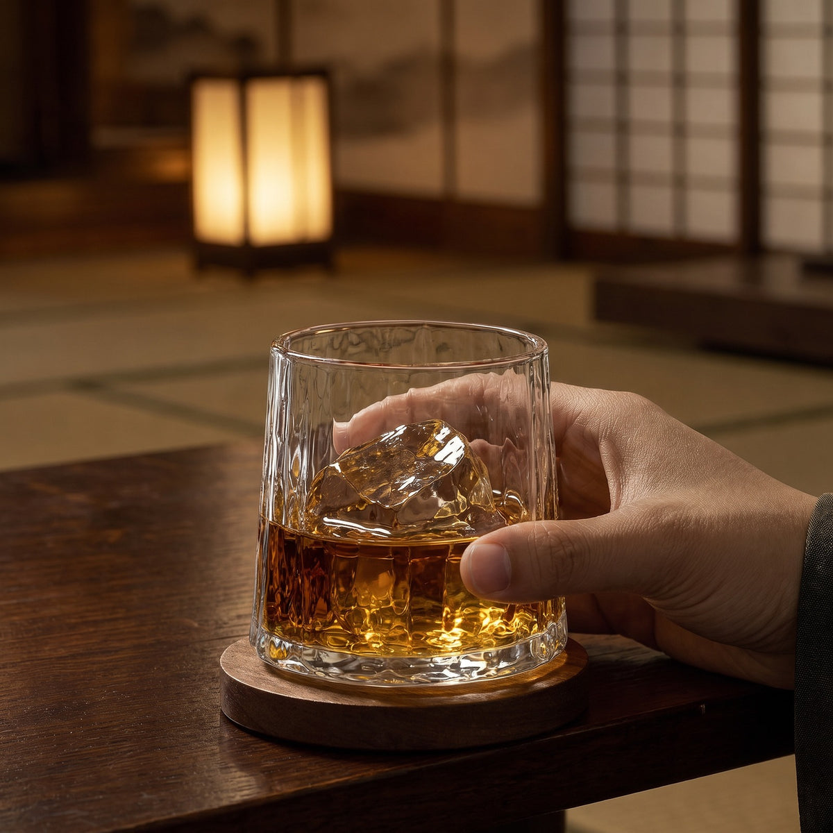 Hatori Kiriko 切子 Series – Cut Crystal Whisky Glass, in use