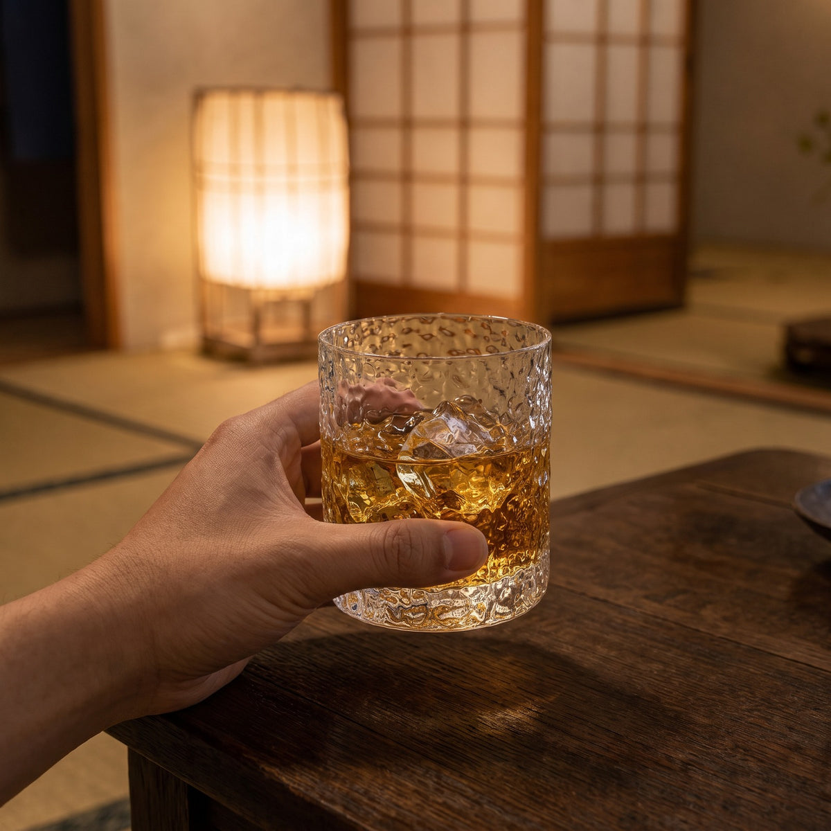 Hatori Kiriko 切子 Series – Hammered Crystal Whisky Glass, in use