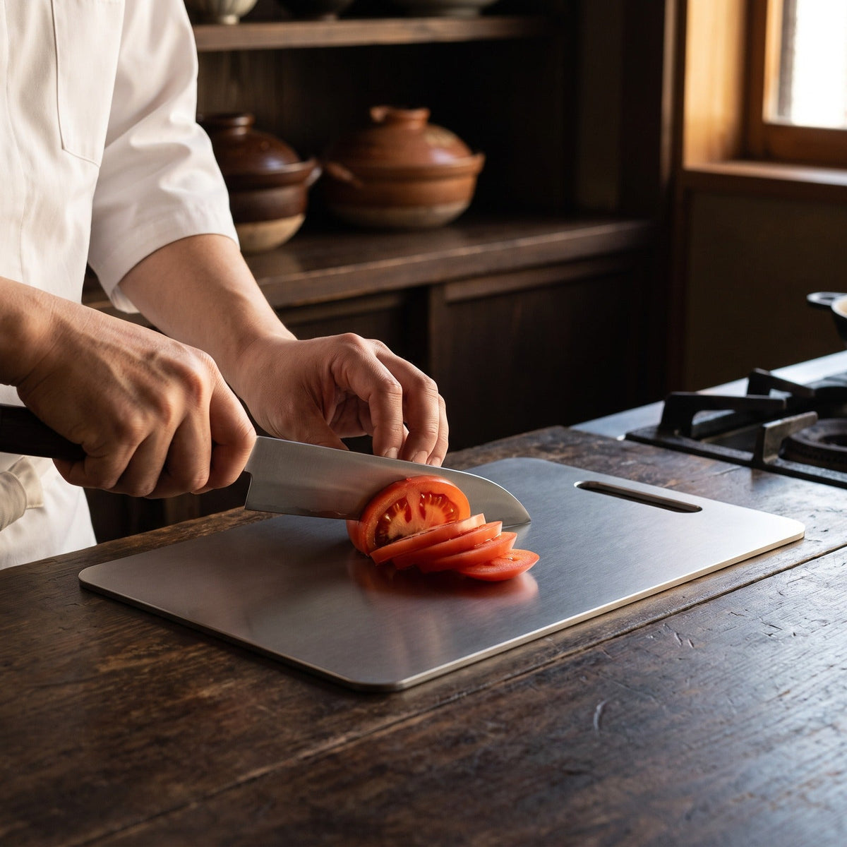 Hatori Kinzoku 錦属 Series – Titanium Cutting Board, in use