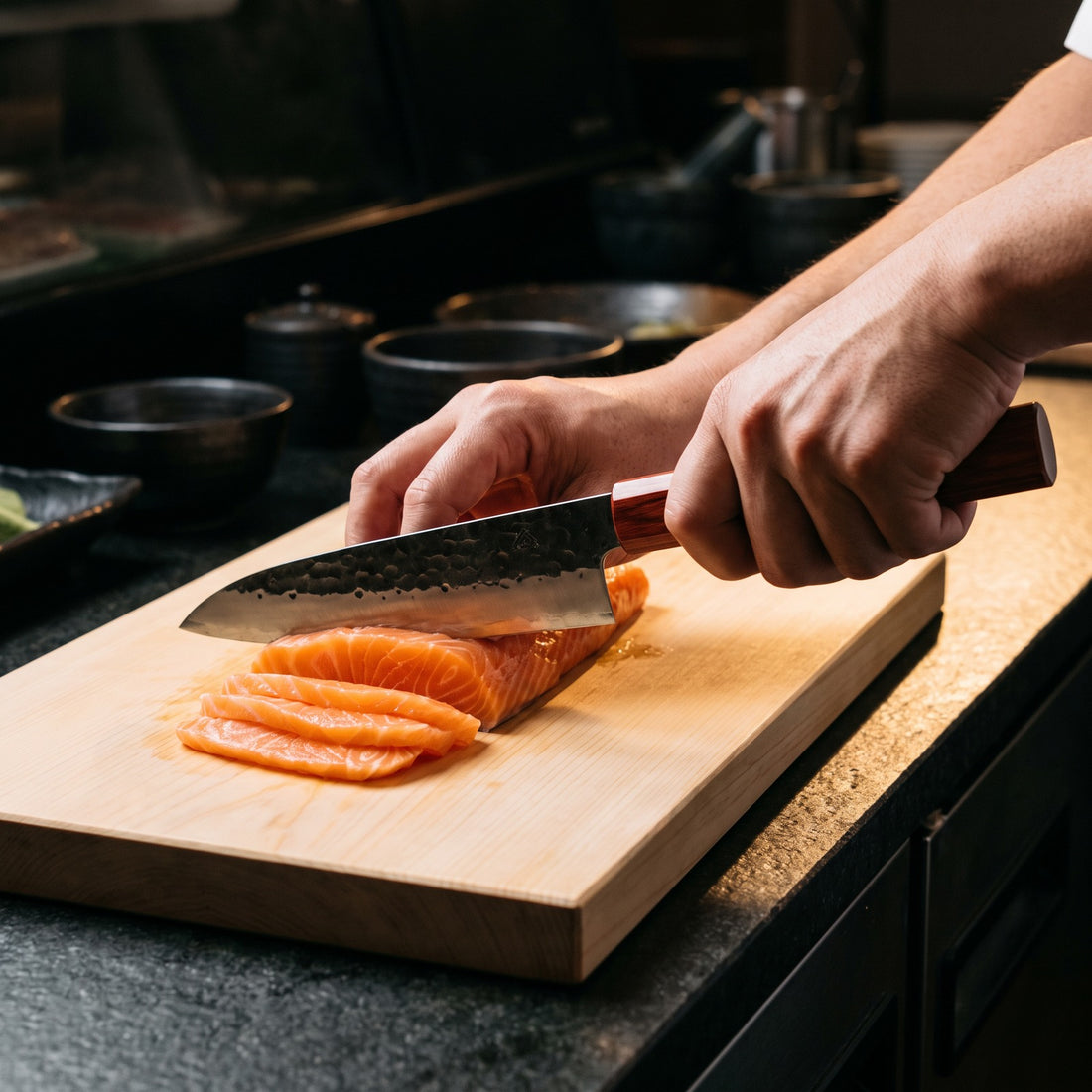 Hatori Tsuchime 槌目 Series – Hammered Chef's Knife 18.5 cm, in use
