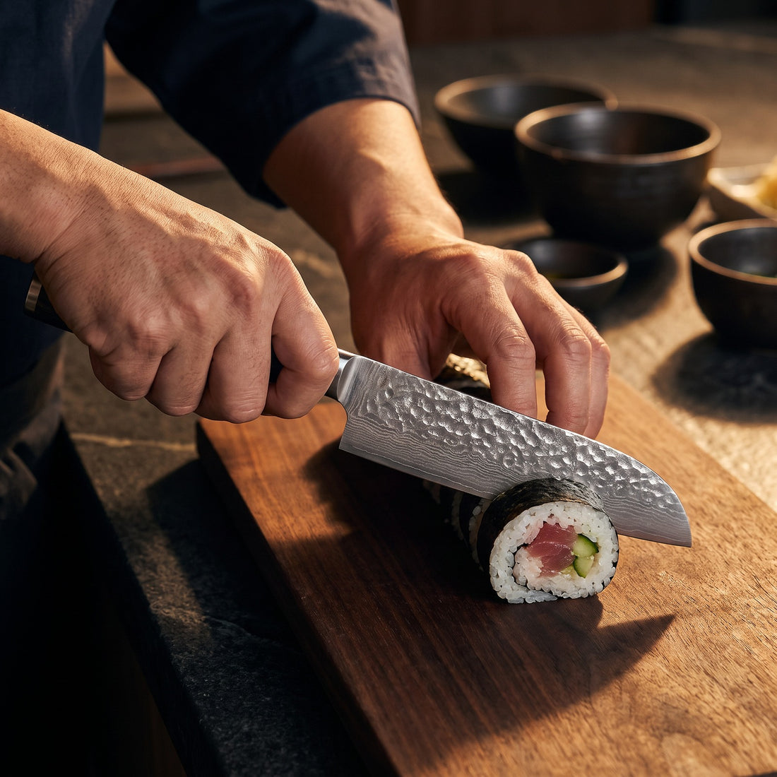 Hatori Mori 森 Series – Hammered Santoku 18 cm, in use