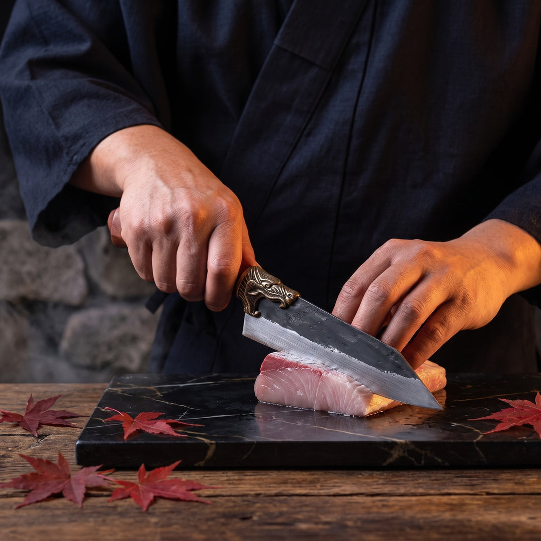 Hatori Ryūjin 龍神 Series – Dragon Santoku 18 cm, in use