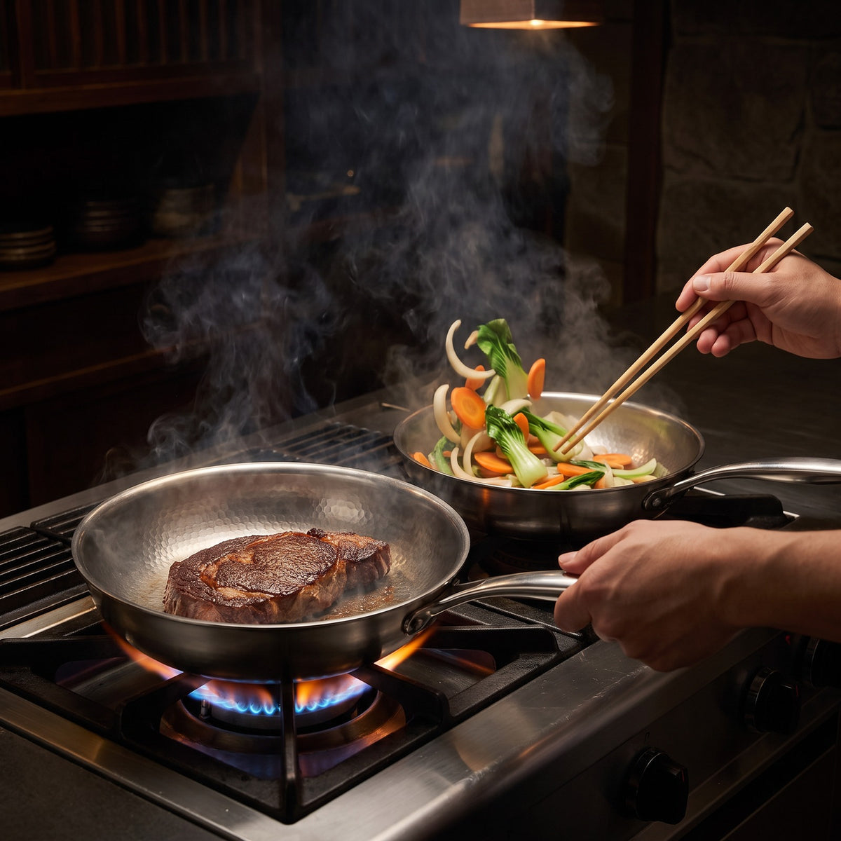 Hatori Kōmyō 光明 Series – Essentials Kitchen Set, 4 Pieces with 2 Lids, in use on the stove