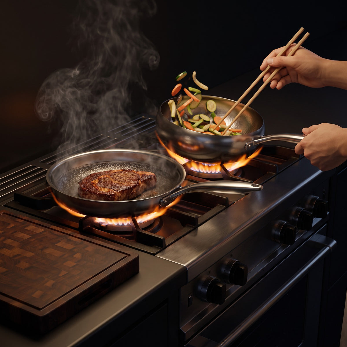 Hatori Kōmyō 光明 Series – Pan and Sauté Set with Walnut Board and Utensils, in use on the stove