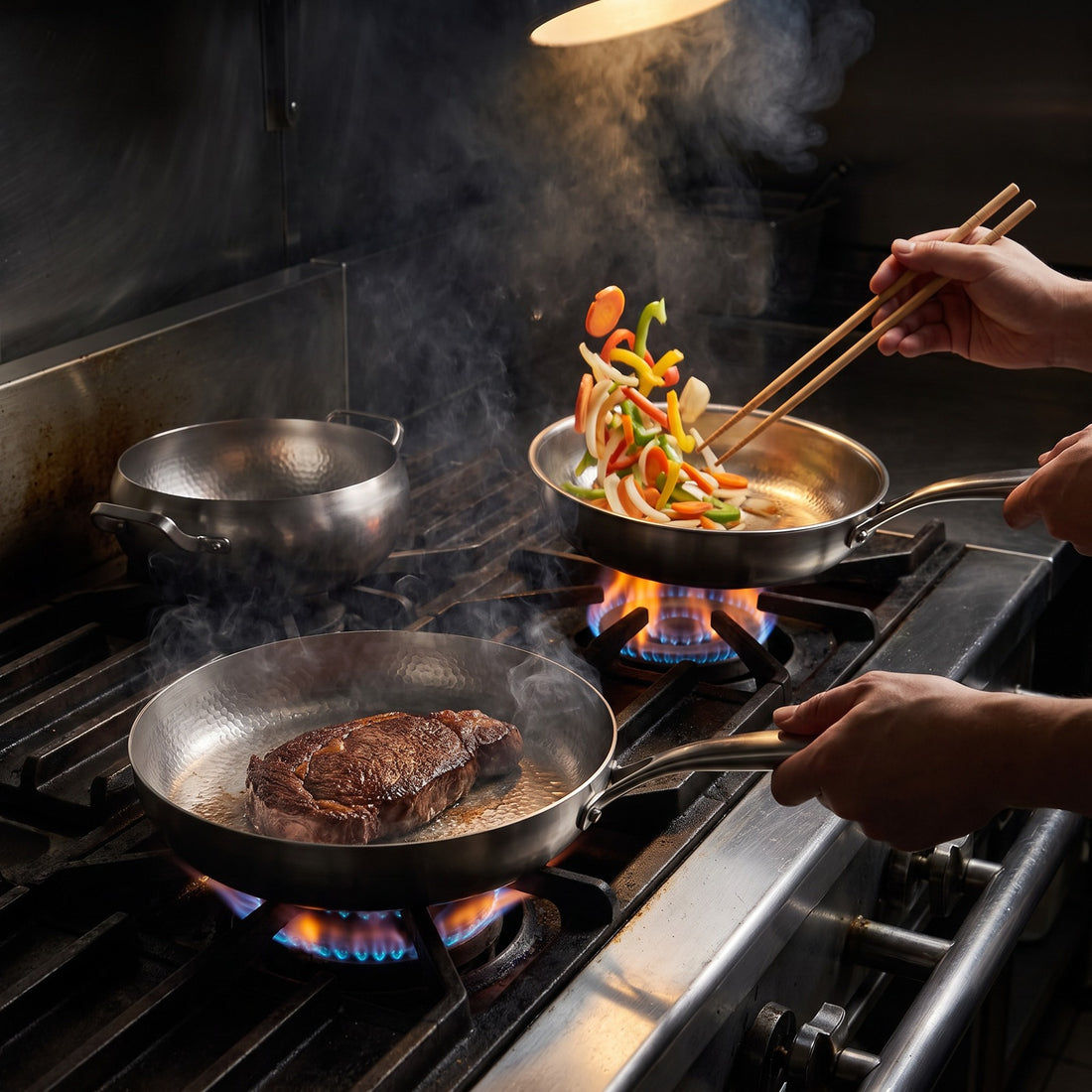 Hatori Kōmyō 光明 Series – Premium Cooking Set, 3 Pieces with 2 Lids, in use on the stove