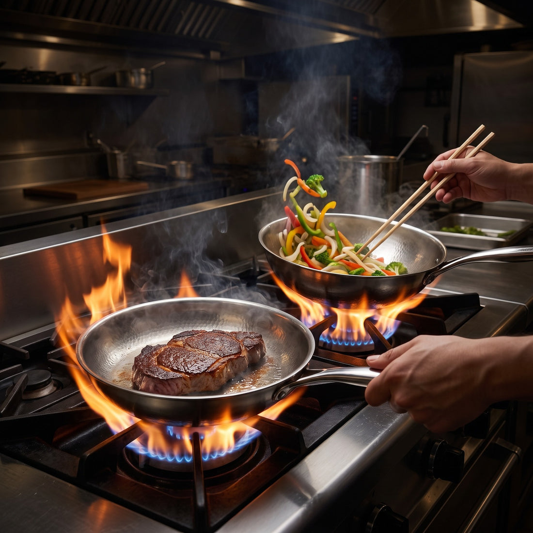 Hatori Kōmyō 光明 Series – Wok and Fry Pan Set with Utensils, in use on the stove
