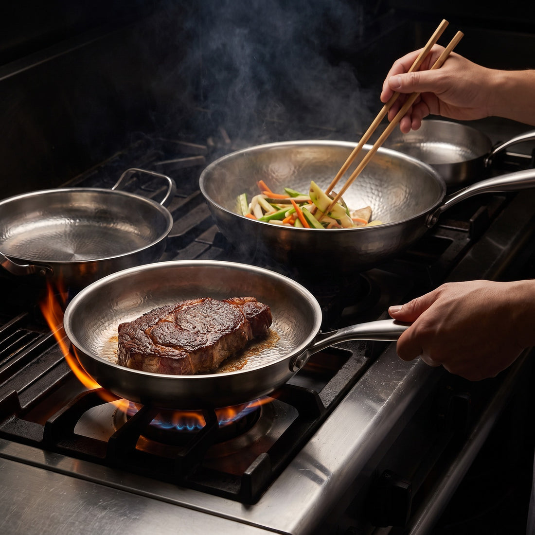 Hatori Kōmyō 光明 Series – Family Set, 4 Pans and Utensils, in use on the stove