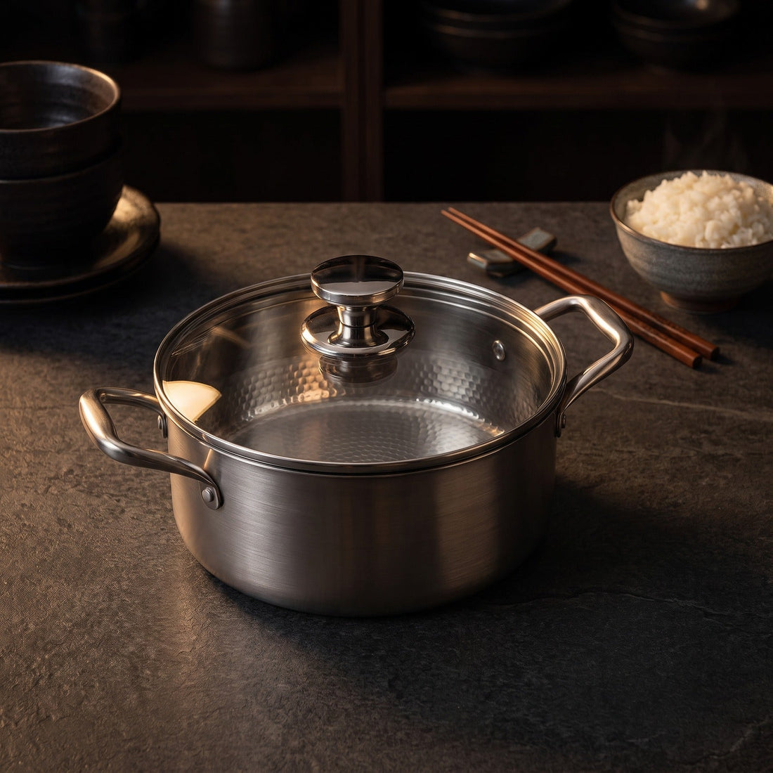 Hatori Kōmyō 光明 Series – Titanium Cooking Pot with Lid, on the counter
