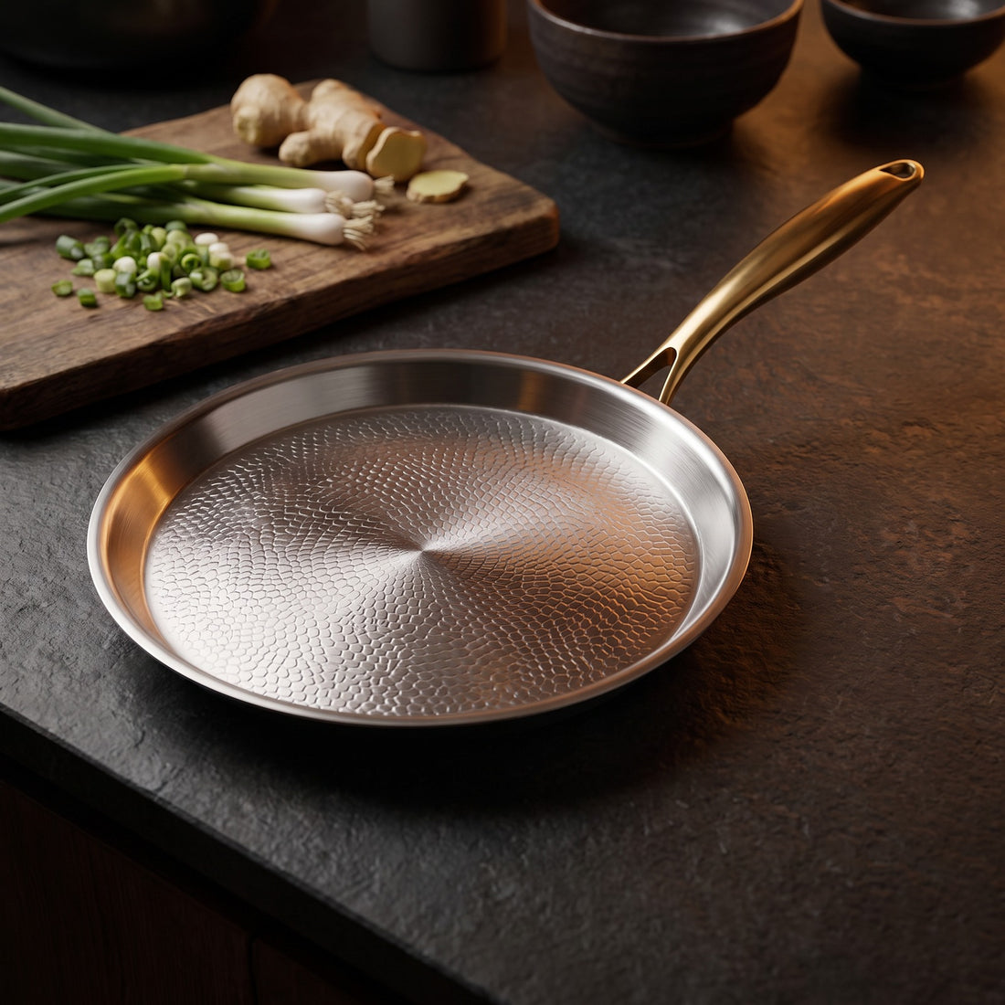 Hatori Kōmyō 光明 Kin 金 Edition – Hammered Titanium Crêpe Pan, on the counter