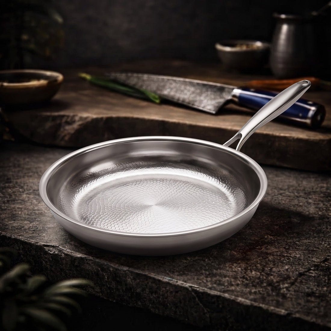 Hatori Kōmyō 光明 Series – Hammered Titanium Pan, on the counter