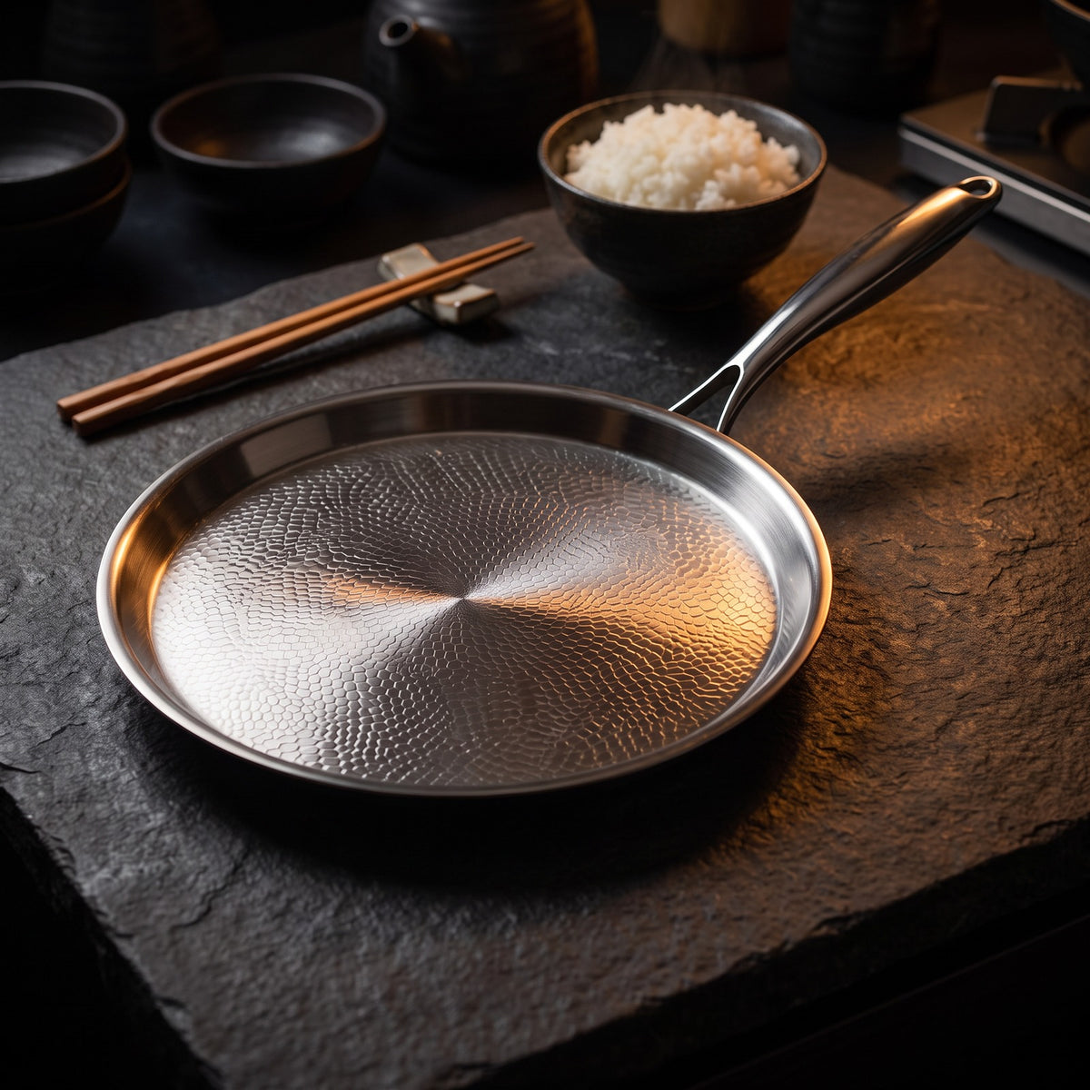 Hatori Kōmyō 光明 Series – Hammered Titanium Crêpe Pan, on the counter