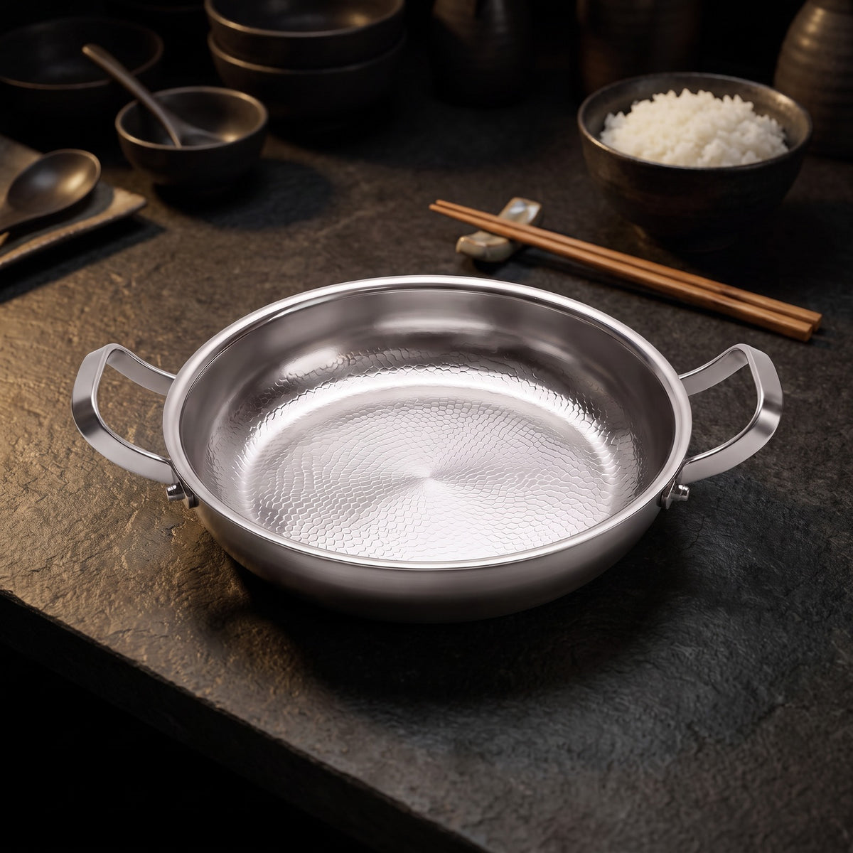 Hatori Kōmyō 光明 Series – Hammered Titanium Pan with Two Handles, on the counter