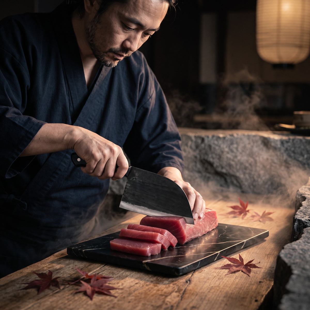 Hatori Kaji 鍛冶 Series – Black Forged Cleaver 17.5 cm, at the counter