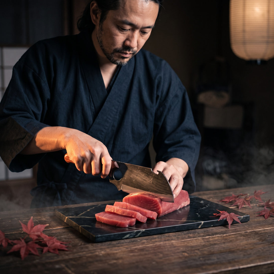 Hatori Kiba 牙 Series – Forged Wide Cleaver 17 cm, Red Sandalwood, at the counter