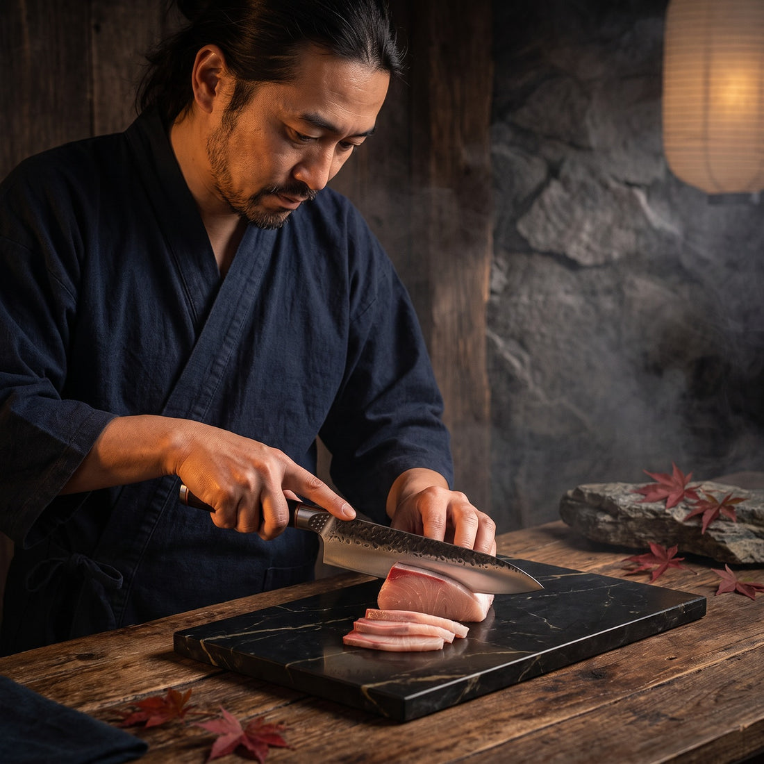 Hatori Tsuchime 槌目 Series – Hammered Gyuto 21 cm, at the counter