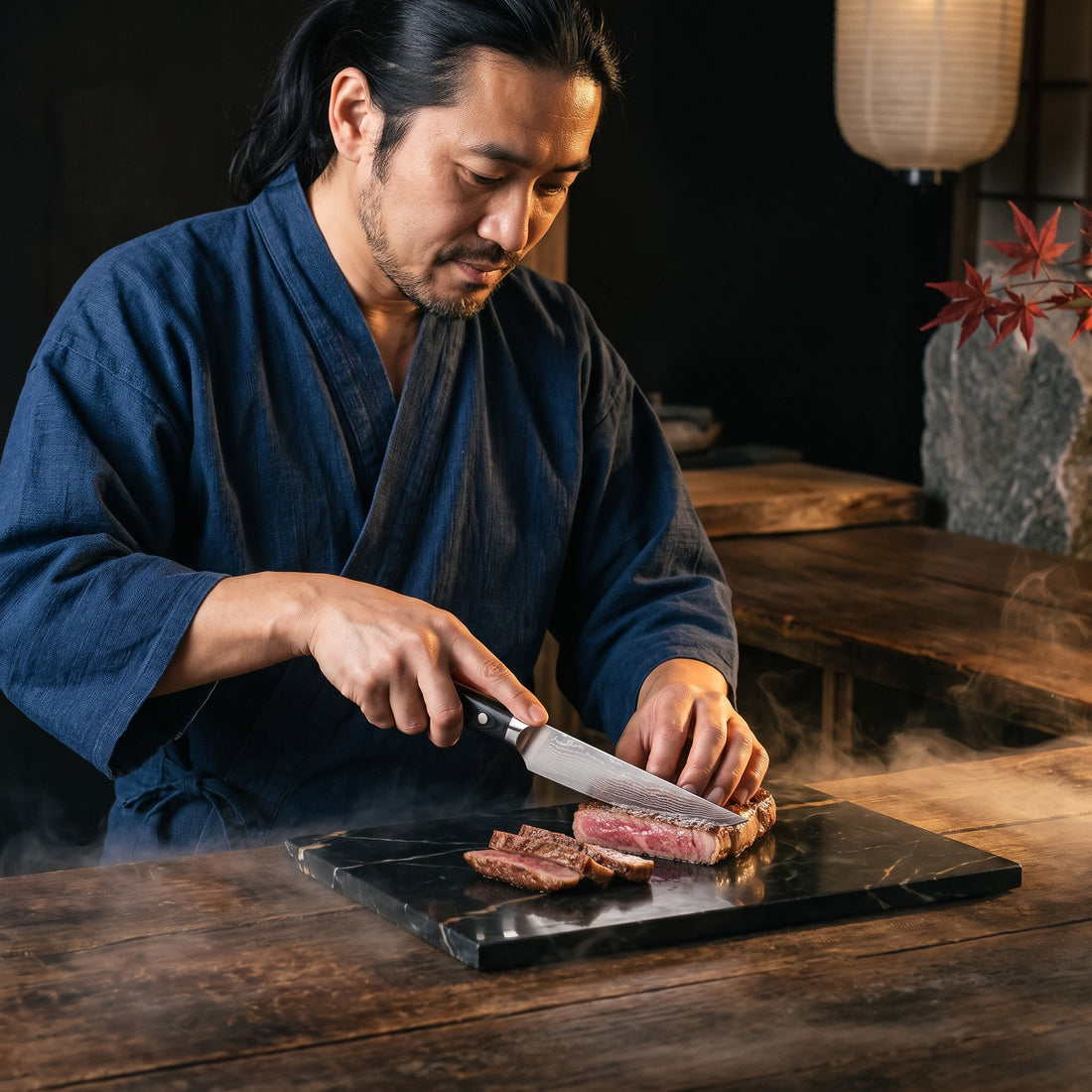 Hatori Kokuyō 黒曜 Series – Damascus Steak Knives, Set of 4, at the counter