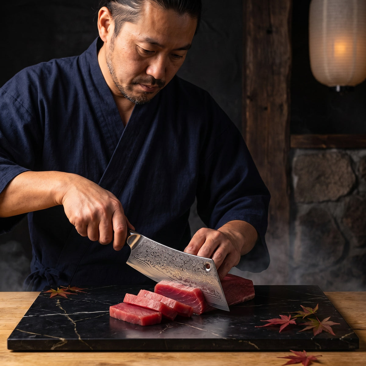 Hatori Kokuyō 黒曜 Series – Damascus Hybrid Cleaver 20 cm, at the counter