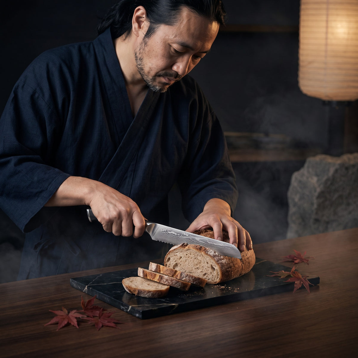 Hatori Kokuyō 黒曜 Series – Damascus Bread Knife 19.5 cm, at the counter