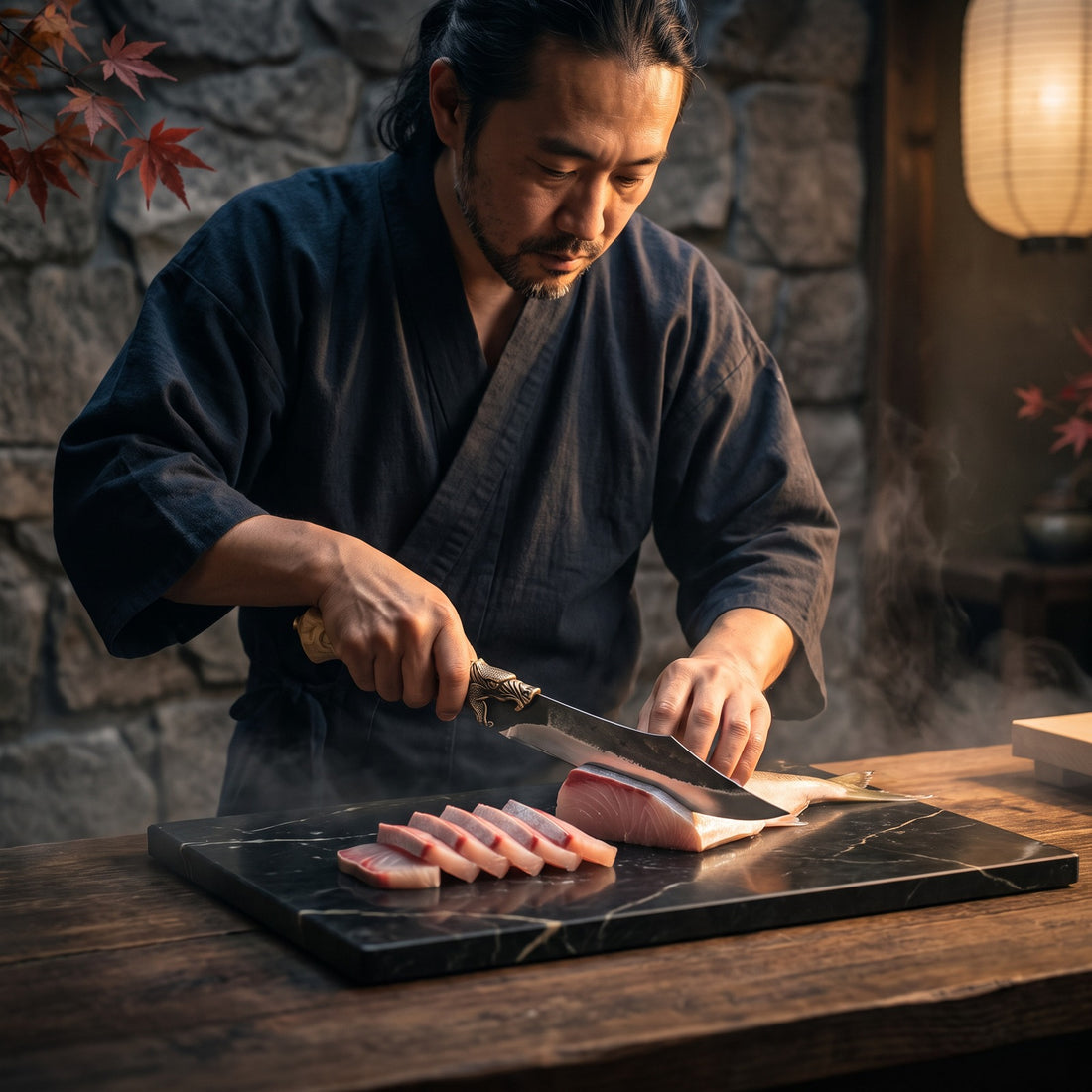 Hatori Kaji 鍛冶 Series – Forged Utility Knife 15 cm, Sculpted Handle, at the counter