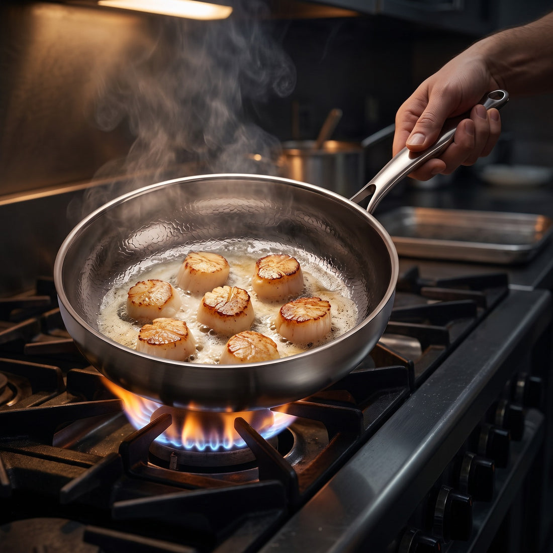 Hatori Kōmyō 光明 Series – Hammered Titanium Sauté Pan, in use on the stove