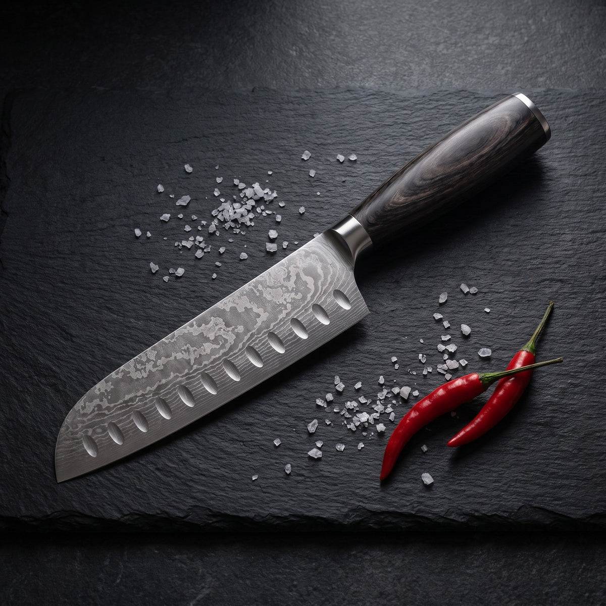 Hatori Mori 森 Series – Santoku 18 cm, Hollow Edge, on a board
