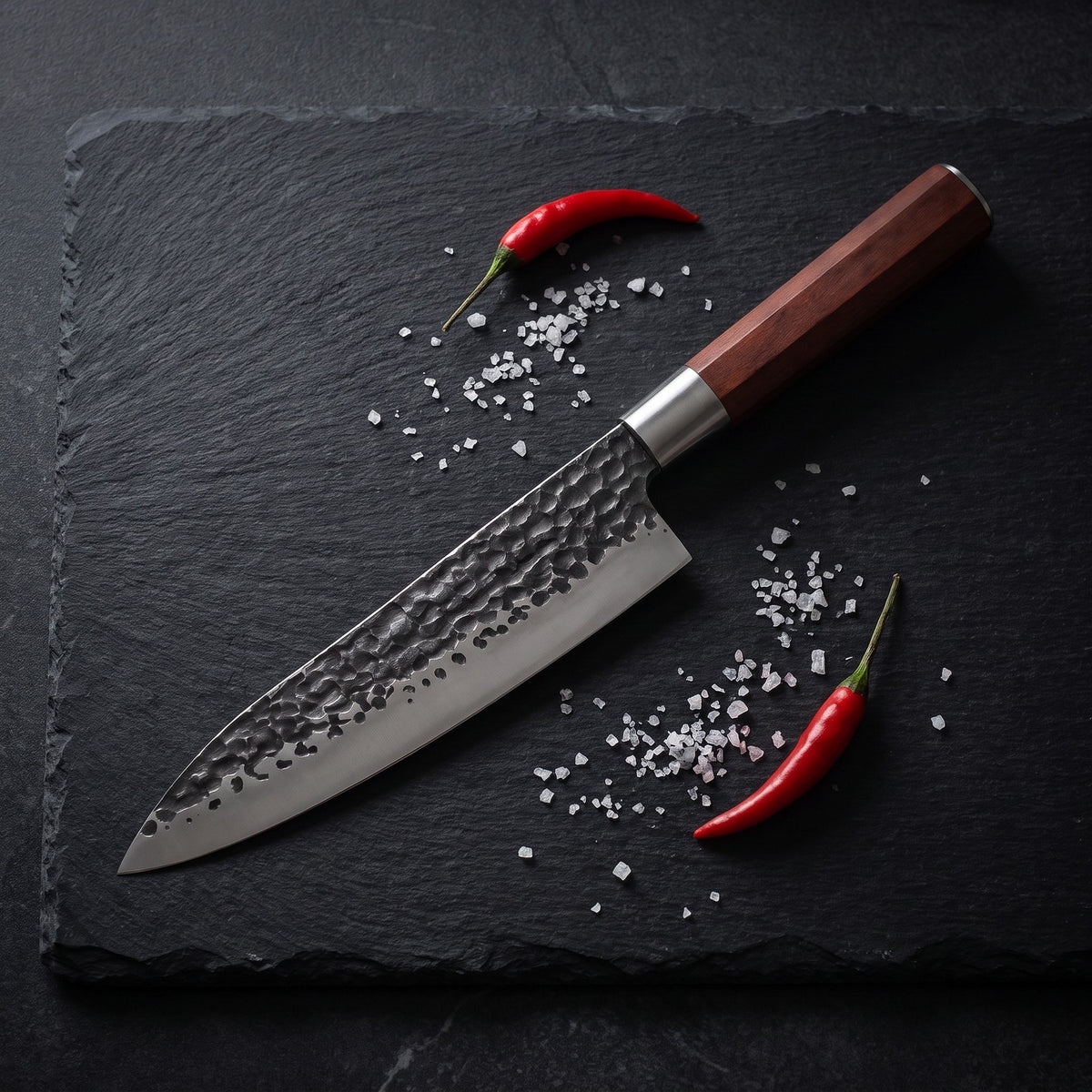 Hatori Tsuchime 槌目 Series – Hammered Chef's Knife 18.5 cm, on a board