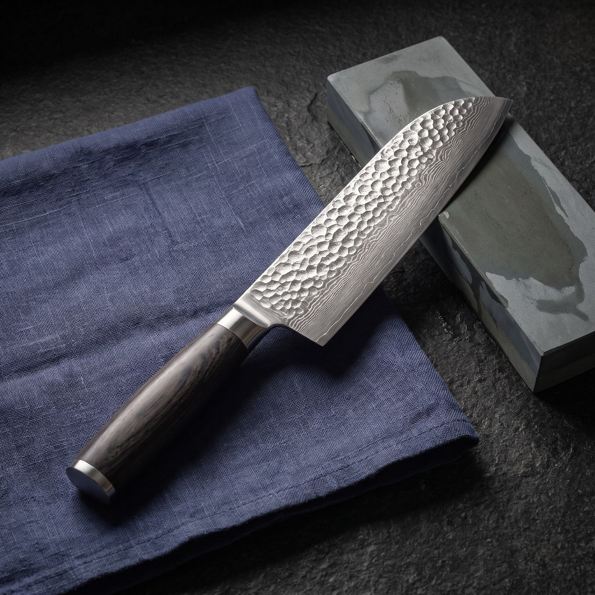 Hatori Mori 森 Series – Hammered Santoku 18 cm, on a board