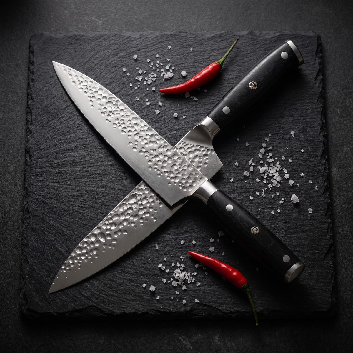 Hatori Yoru 夜 Series – Hammered Chef's Knife 20 cm, on a board