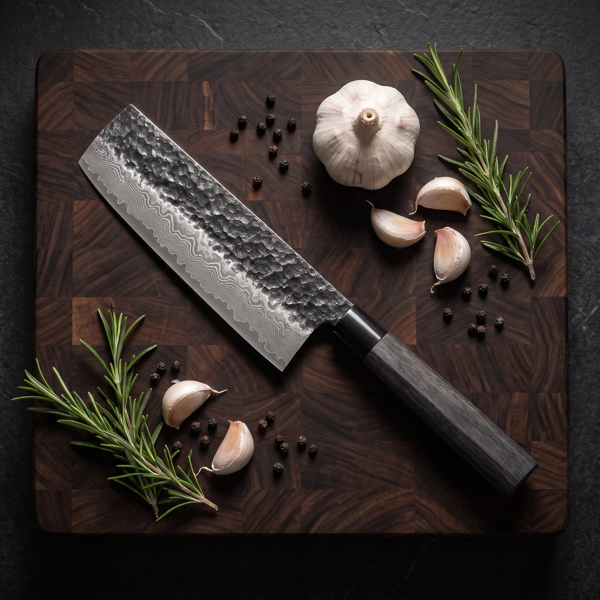 Hatori Tsuchime 槌目 Series – Hammered Vegetable Knife 18 cm, on a board