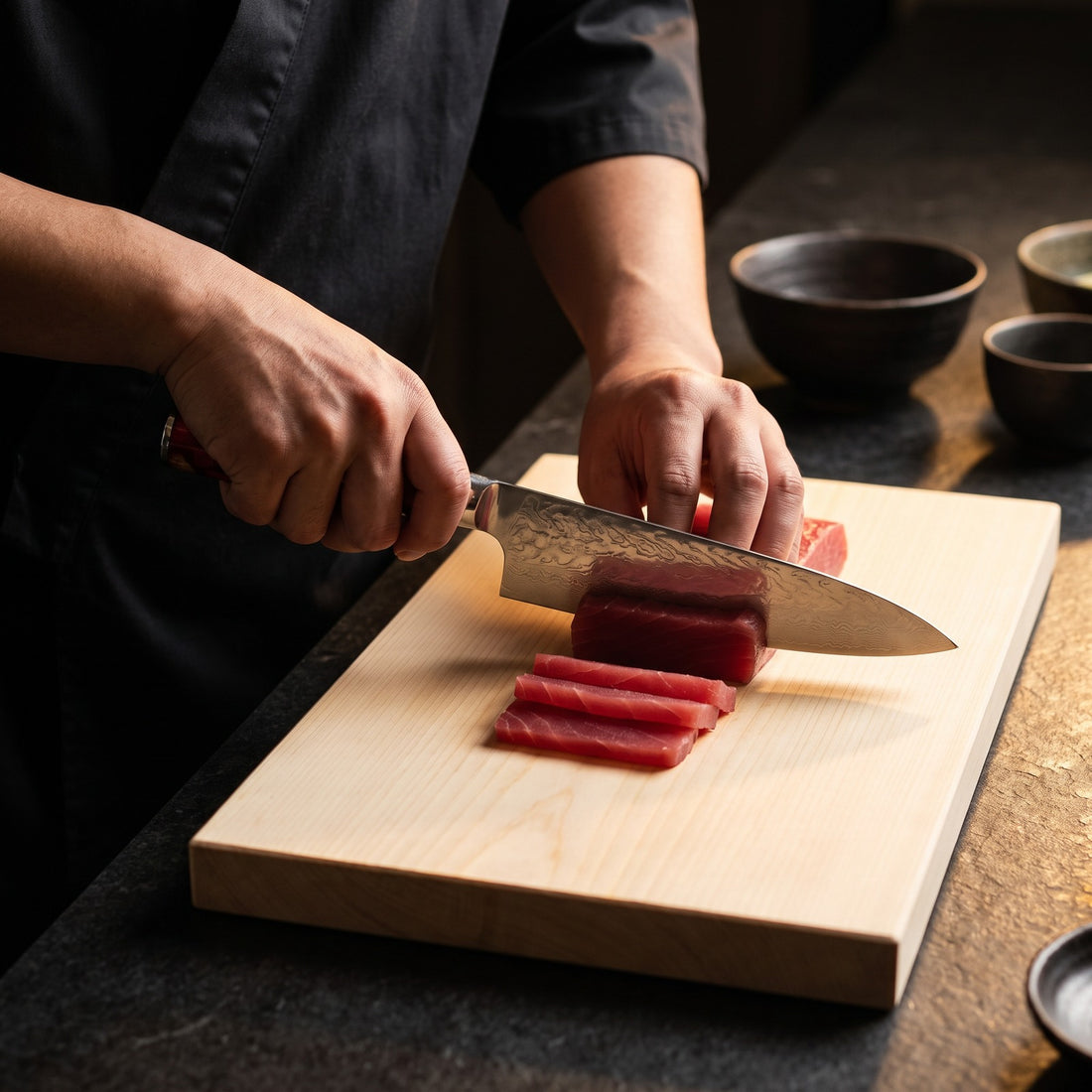 Hatori Kurenai 紅 Series – Damascus 5 Piece Set, in use