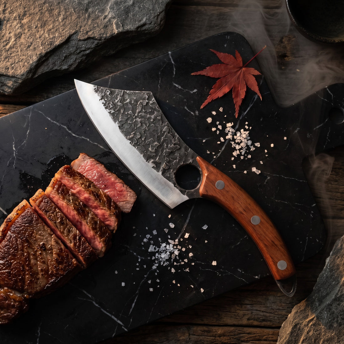 Hatori Kiba 牙 Series – Forged Ring Knife 16 cm, Rosewood, on the board