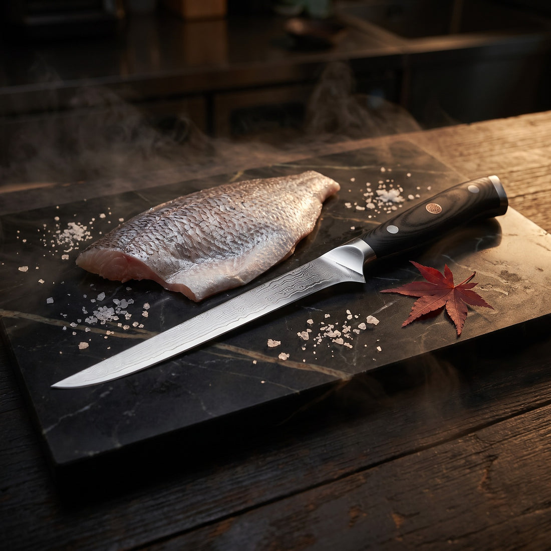 Hatori Kokuyō 黒曜 Series – Damascus Fillet Knife 20 cm, on the board