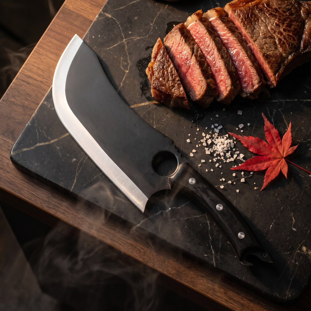 Hatori Kiba 牙 Series – Black Forged Ring Knife 16 cm, on the board