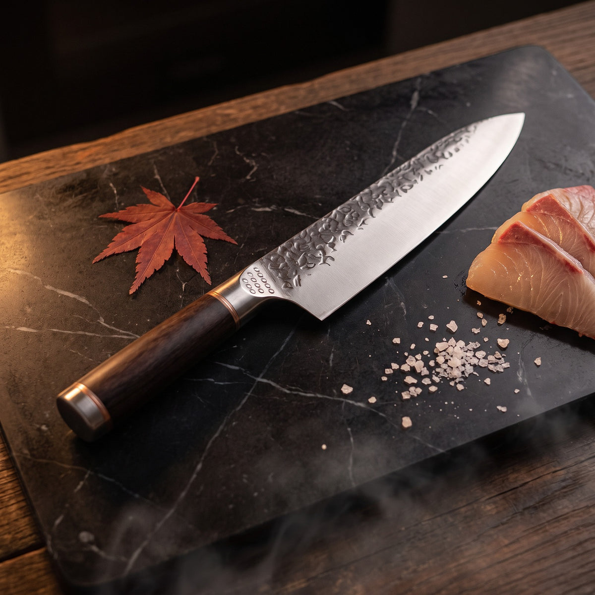 Hatori Tsuchime 槌目 Series – Hammered Gyuto 21 cm, on the board