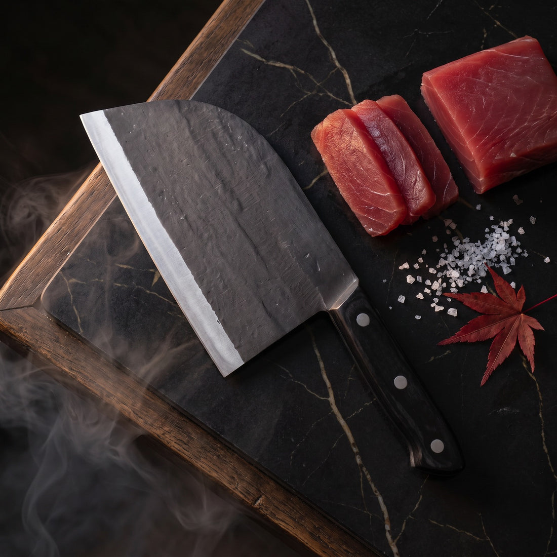 Hatori Kaji 鍛冶 Series – Black Forged Cleaver 17.5 cm, on the board