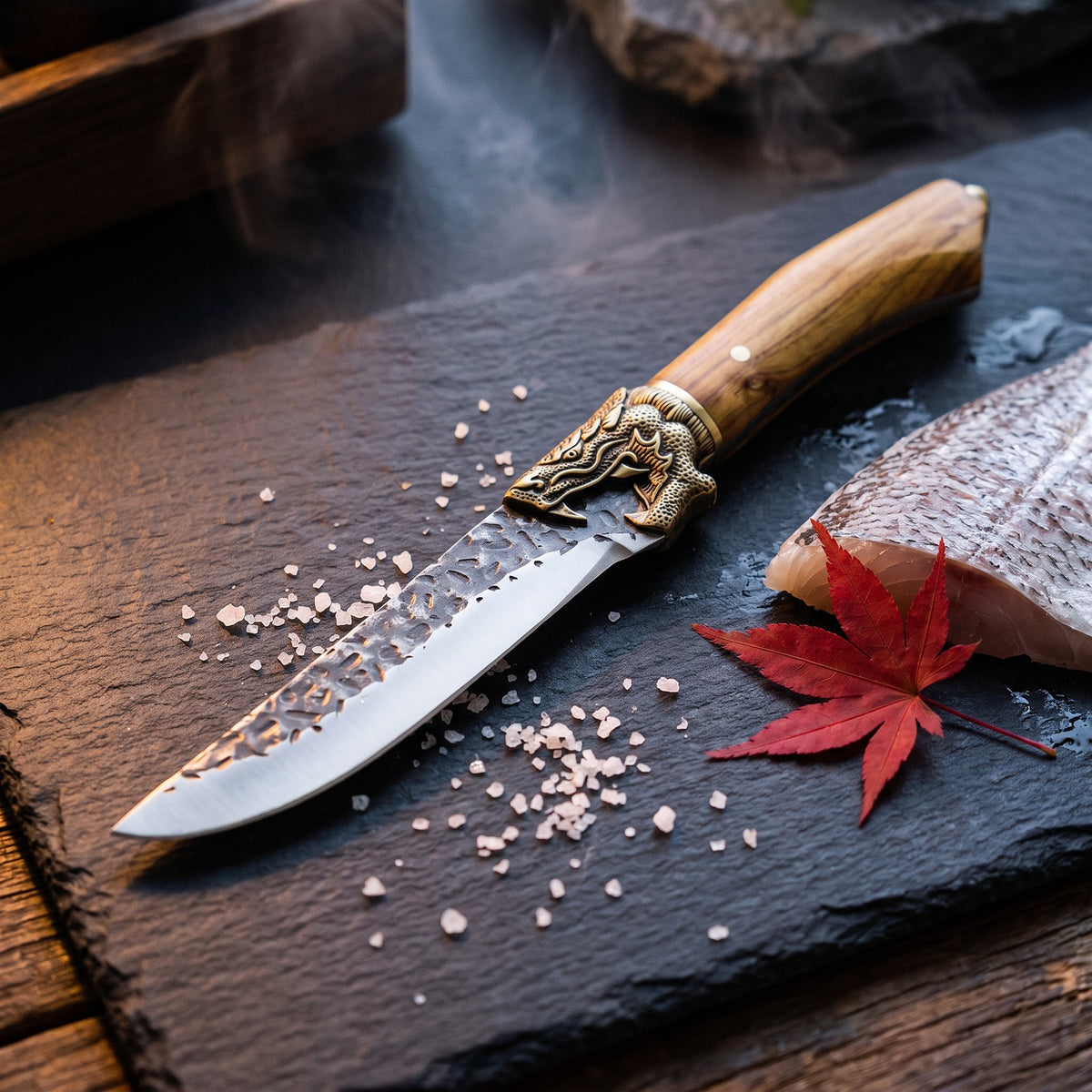 Hatori Ryūjin 龍神 Series – Dragon Boning Knife 17 cm, on the board