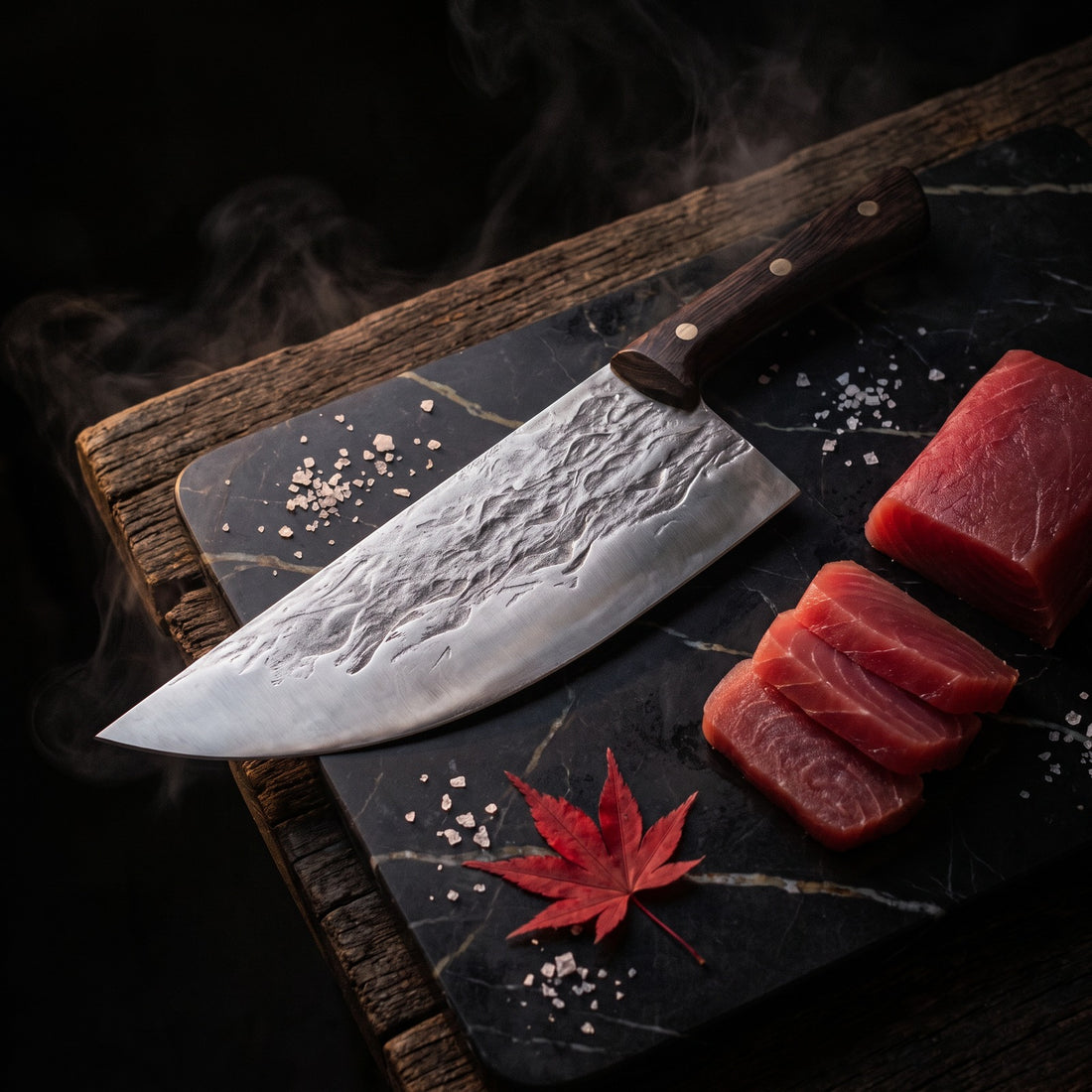Hatori Kaji 鍛冶 Series – Forged Butcher's Knife XL 21 cm, on the board