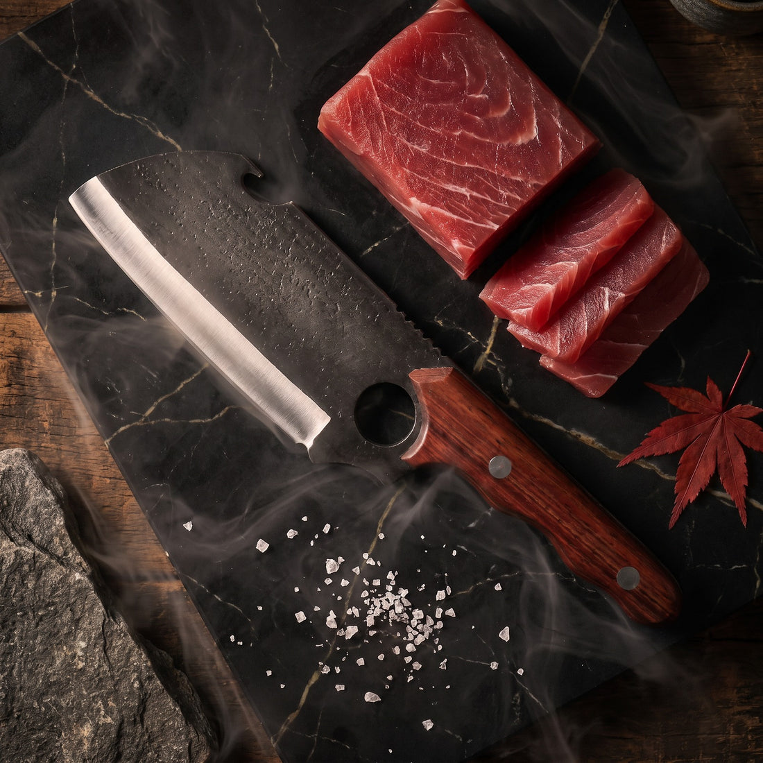 Hatori Kiba 牙 Series – Forged Wide Cleaver 17 cm, Red Sandalwood, on the board