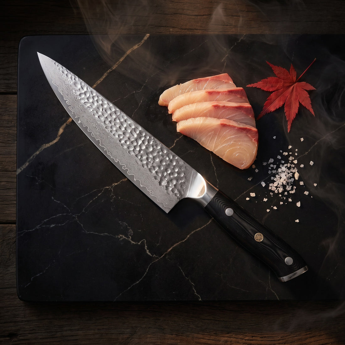 Hatori Kokuyō 黒曜 Series – Damascus Chef's Knife 20 cm, on the board