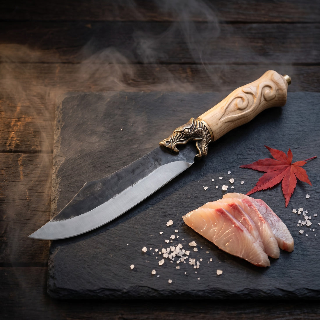 Hatori Kaji 鍛冶 Series – Forged Utility Knife 15 cm, Sculpted Handle, on the board